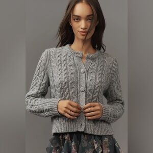Anthropologie grey silver sparkly cardigan sweater wool cable knit XL